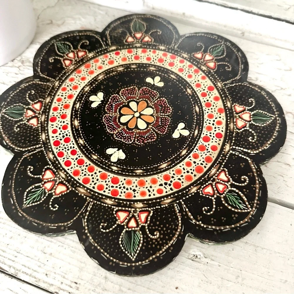 Pier 1 Hand Painted Wooden Trivet Pot Holders Mandala Dot Bohemian Flower Tray